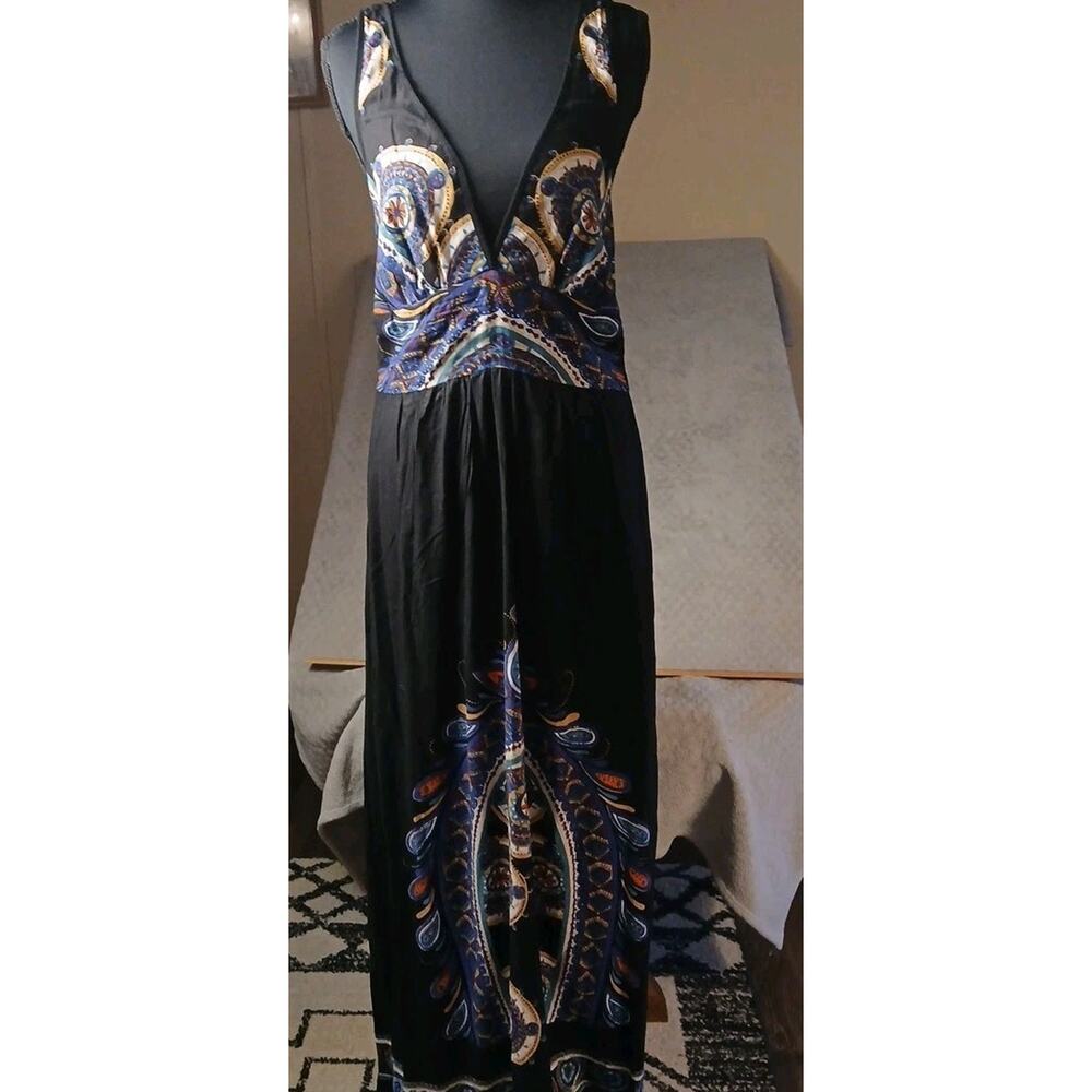 Angie Boho Maxi Dress Size L Black Multicolor Paisley Print Empire Waist...